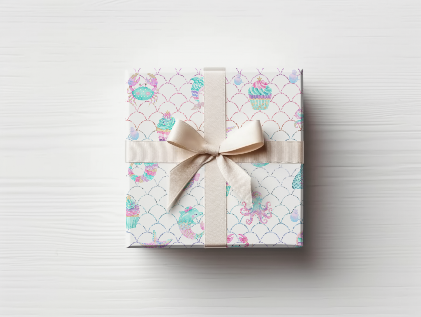 Colorful Mermaid Cupcakes and Sea Animals Wrapping Paper