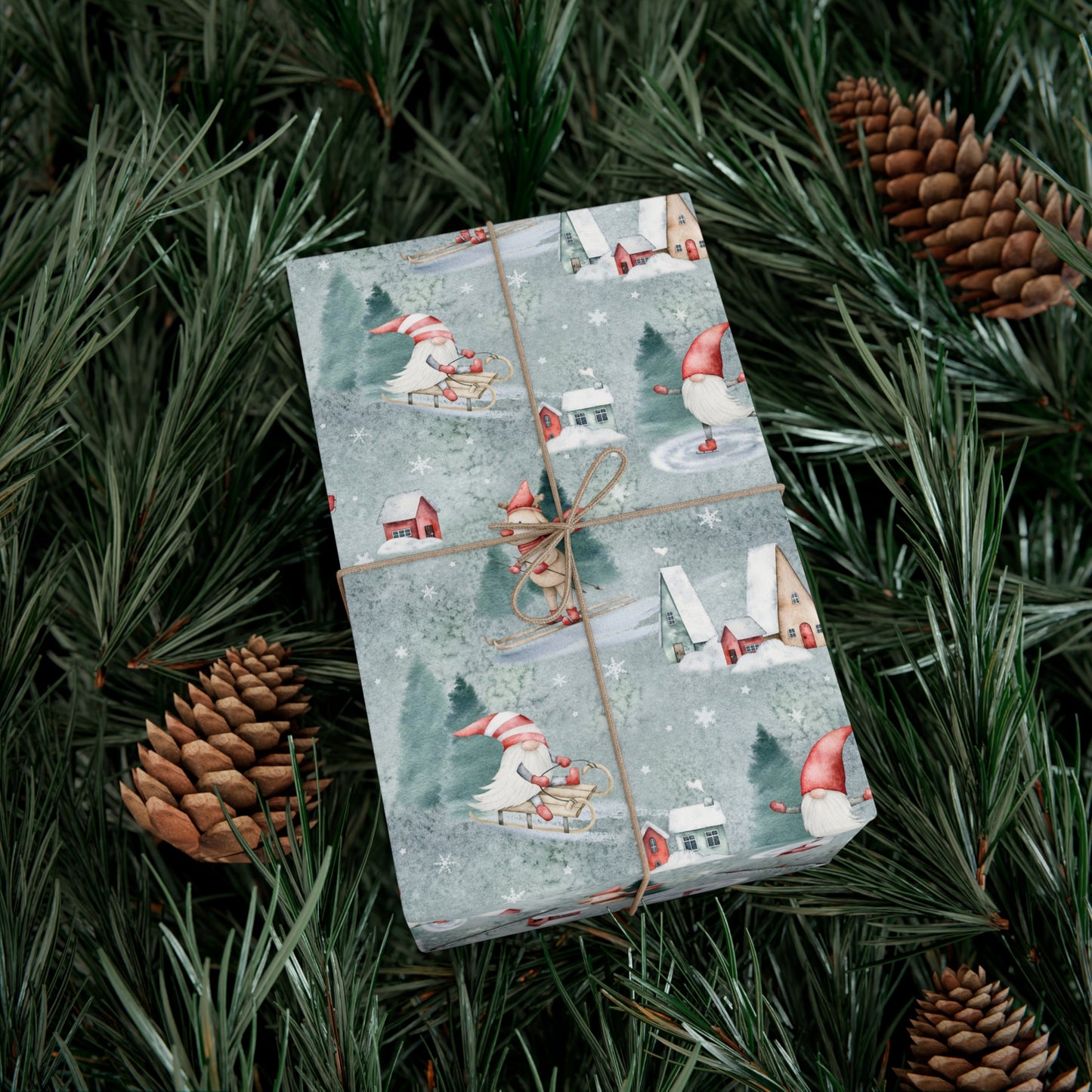 Scandinavian Gnome Christmas Gift Wrap, Christmas Wrapping Paper, Reindeer Skiing Christmas Gift Wrap, Wrapping, Christmas Gifts