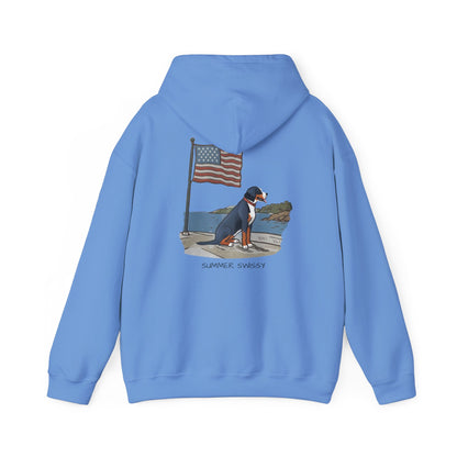 Double Graphic, "Summer Swissy" version of our 2025 New Summer Swissy Unisex Hooded Sweatshirt, Swissy Summer Hoodie, Greater Swiss Mountain Dog, Cartoon Swissy Character