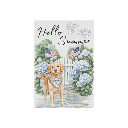 Summer Golden Retriever Garden Flag, Hello Summer Patriotic Garden Flag, Watercolor Dog Flag, Double Sided Garden Flag