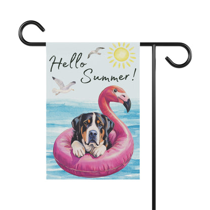 Watercolor Greater Swiss Mountain Dog Garden Flag, Hello Summer Swissy Garden Flag, Watercolor Hand drawn Dog Flag, Double Sided