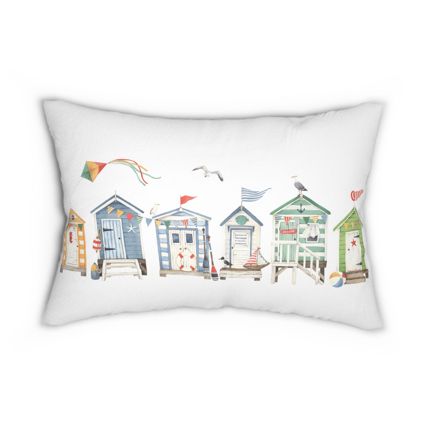 Summer Beach Huts Lumbar Pillow with Cover, 14 x 20" Double Sided Nantucket Lumbar Throw Pillow, Summer Home Decor