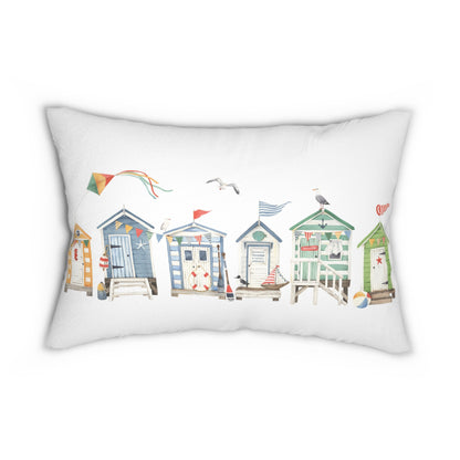 Summer Beach Huts Lumbar Pillow with Cover, 14 x 20" Double Sided Nantucket Lumbar Throw Pillow, Summer Home Decor