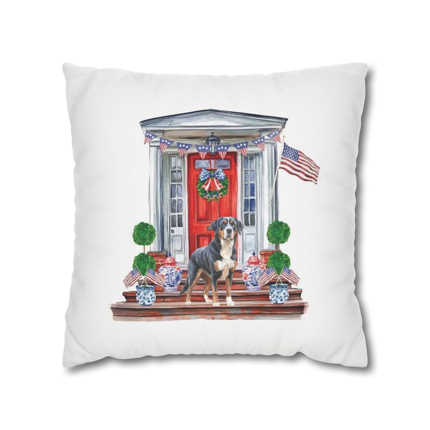 Summer Swissy in the USA, Greater Swiss Mountain Dog Pillow Cover, Hand Drawn, Double-Sided Graphics, Swissy, GSMD