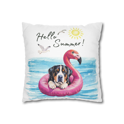 Hello Summer Swissy Pillow Cover, Greater Swiss Mountain Dog Pillow Cover, Hand Drawn, Double-Sided Graphics, Swissy, GSMD