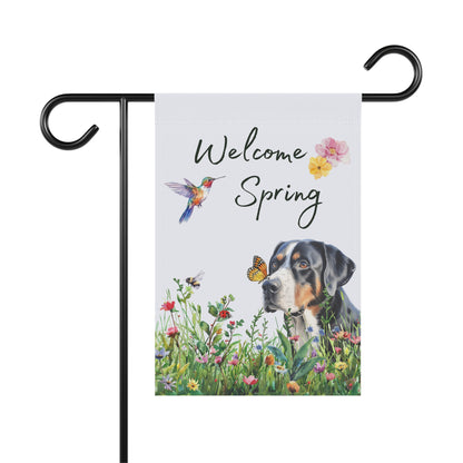 Greater Swiss Mountain Dog Garden Flag, Welcome Spring Floral Swissy Garden Flag, Watercolor Dog Flag, Double Sided
