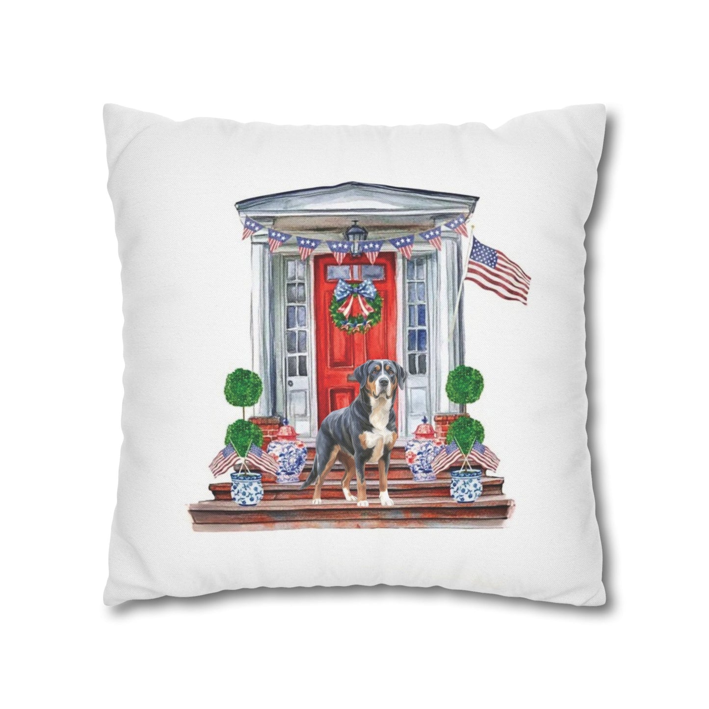 Summer Swissy in the USA, Greater Swiss Mountain Dog Pillow Cover, Hand Drawn, Double-Sided Graphics, Swissy, GSMD