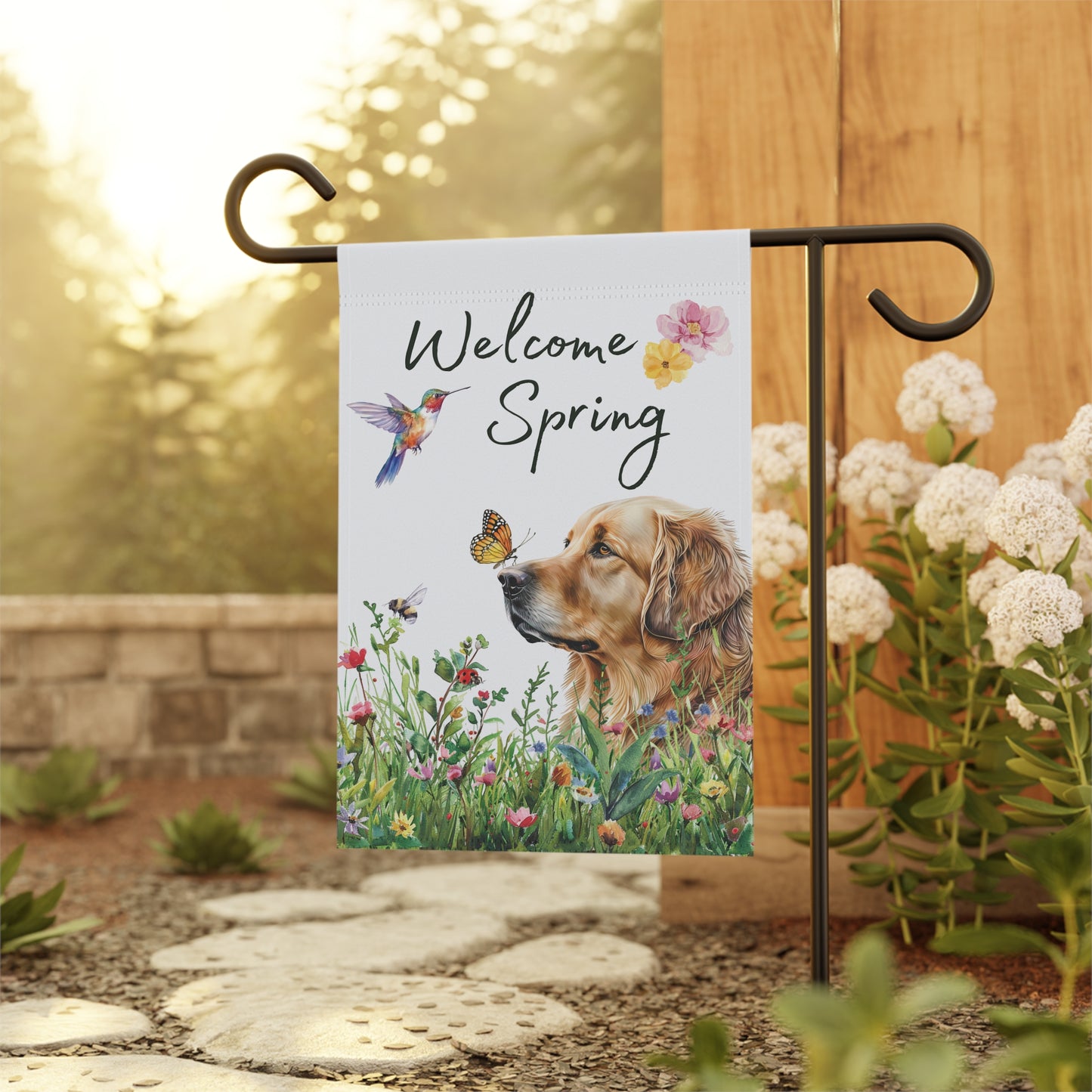 Golden Retriever Garden Flag, Welcome Spring Floral Dog Garden Flag, Watercolor Dog Flag, Double Sided Garden Flag