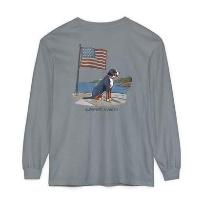 2025 New Summer Swissy Unisex *Long Sleeve* With Text "Summer Swissy" Comfort Colors Brand Shirt, Greater Swiss Mountain Dog Flag Shirt, Cartoon Swissy Character