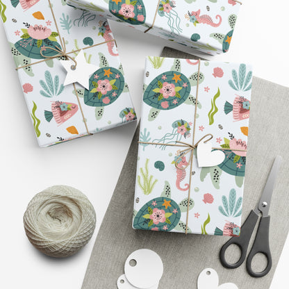 Underwater Turtle Seahorse Birthday Baby Shower Wrapping Paper, Baby Shower Gift Wrap Roll, Birthday Gift Wrap