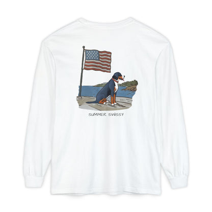 2025 New Summer Swissy Unisex *Long Sleeve* With Text "Summer Swissy" Comfort Colors Brand Shirt, Greater Swiss Mountain Dog Flag Shirt, Cartoon Swissy Character