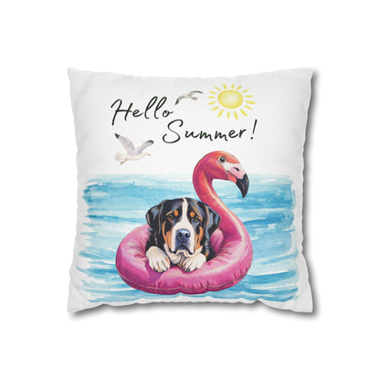 Hello Summer Swissy Pillow Cover, Greater Swiss Mountain Dog Pillow Cover, Hand Drawn, Double-Sided Graphics, Swissy, GSMD