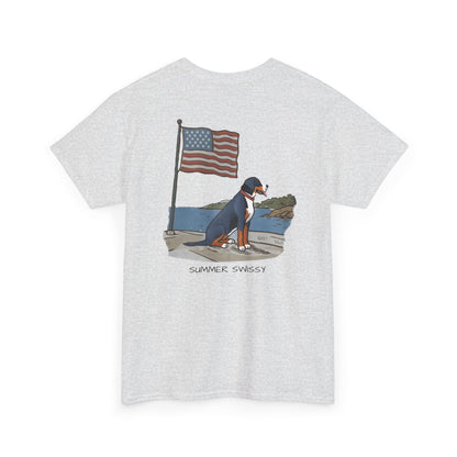 Double Sided Version w/ text "Summer Swissy" Version of our 2025 New Summer Swissy Unisex Tshirt, Greater Swiss Mountain Dog Patriotic Flag Shirt, Cartoon Swissy Character