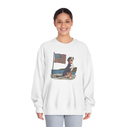 2025 New Summer Swissy Unisex Crewneck Sweatshirt, Greater Swiss Mountain Dog Patriotic Flag Shirt, Cartoon Swissy Character