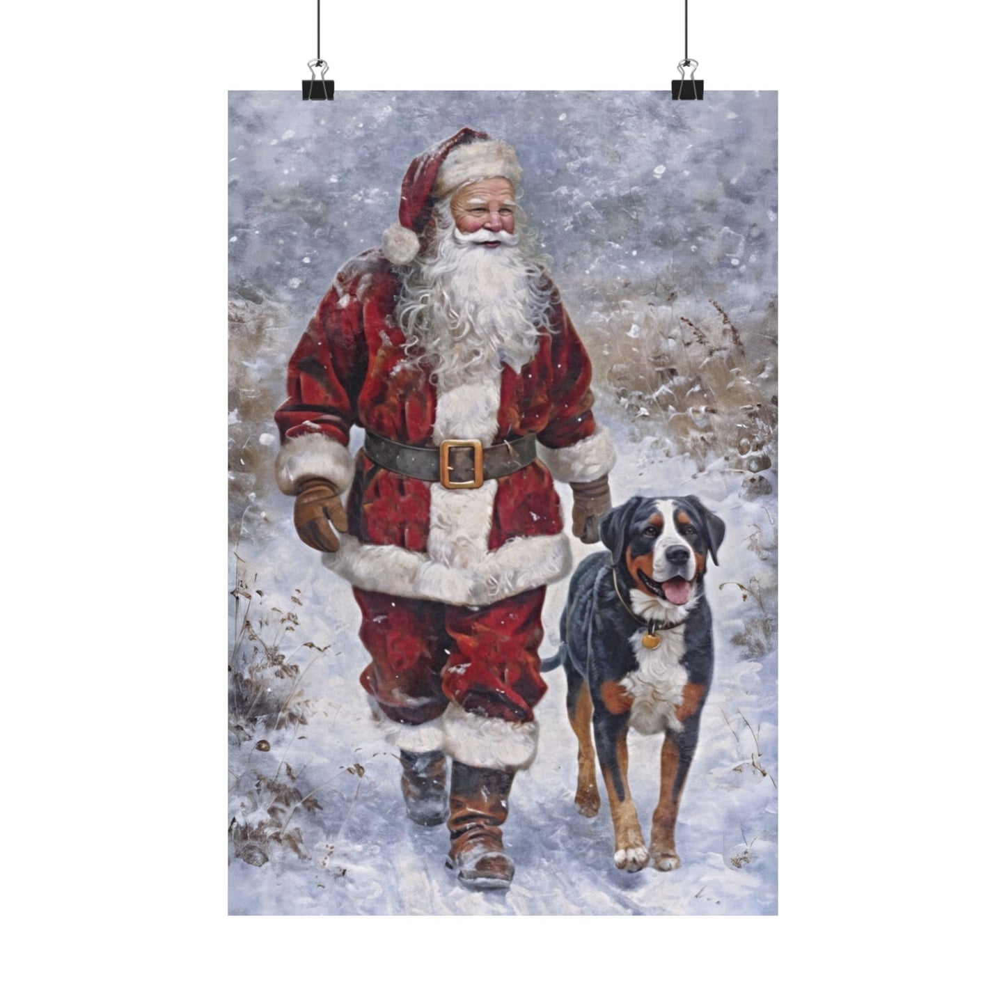 (No Frame) Santa & Swissy Winter Walk Christmas Wall Art Print