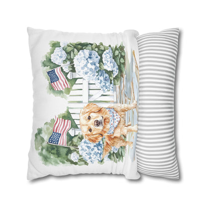 Summer Golden Retriever Pillow Cover, Double Sided, Hand drawn, Watercolor Golden Retriever Patriotic Pillow Cover