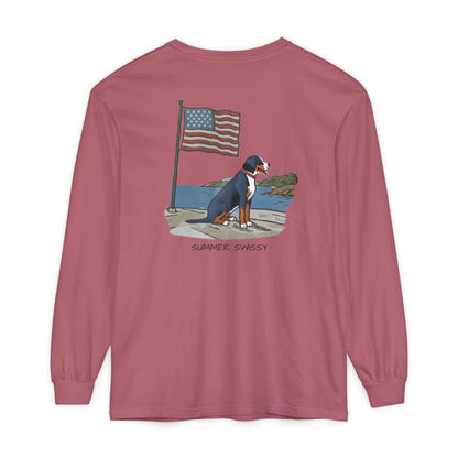 2025 New Summer Swissy Unisex *Long Sleeve* With Text "Summer Swissy" Comfort Colors Brand Shirt, Greater Swiss Mountain Dog Flag Shirt, Cartoon Swissy Character