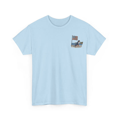Double Sided Version w/ text "Summer Swissy" Version of our 2025 New Summer Swissy Unisex Tshirt, Greater Swiss Mountain Dog Patriotic Flag Shirt, Cartoon Swissy Character