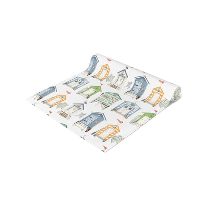 Watercolor Hand Drawn Beach Hut Summer Table Runner