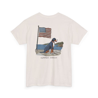 Double Sided Version w/ text "Summer Swissy" Version of our 2025 New Summer Swissy Unisex Tshirt, Greater Swiss Mountain Dog Patriotic Flag Shirt, Cartoon Swissy Character