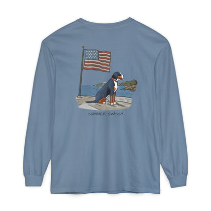 2025 New Summer Swissy Unisex *Long Sleeve* With Text "Summer Swissy" Comfort Colors Brand Shirt, Greater Swiss Mountain Dog Flag Shirt, Cartoon Swissy Character