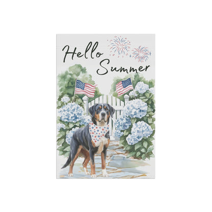 Greater Swiss Mountain Dog Garden Flag, Hello Summer Swissy Garden Flag, Watercolor Hand drawn Dog Flag, Double Sided