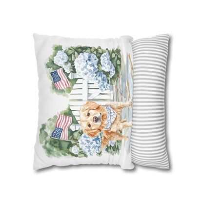 Summer Golden Retriever Pillow Cover, Double Sided, Hand drawn, Watercolor Golden Retriever Patriotic Pillow Cover