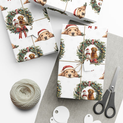 Golden Retriever Christmas Wrapping Paper, Retriever Dogs Christmas Gift Wrap, Holiday Present Packaging, Traditional Christmas