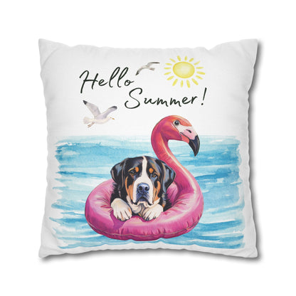 Hello Summer Swissy Pillow Cover, Greater Swiss Mountain Dog Pillow Cover, Hand Drawn, Double-Sided Graphics, Swissy, GSMD