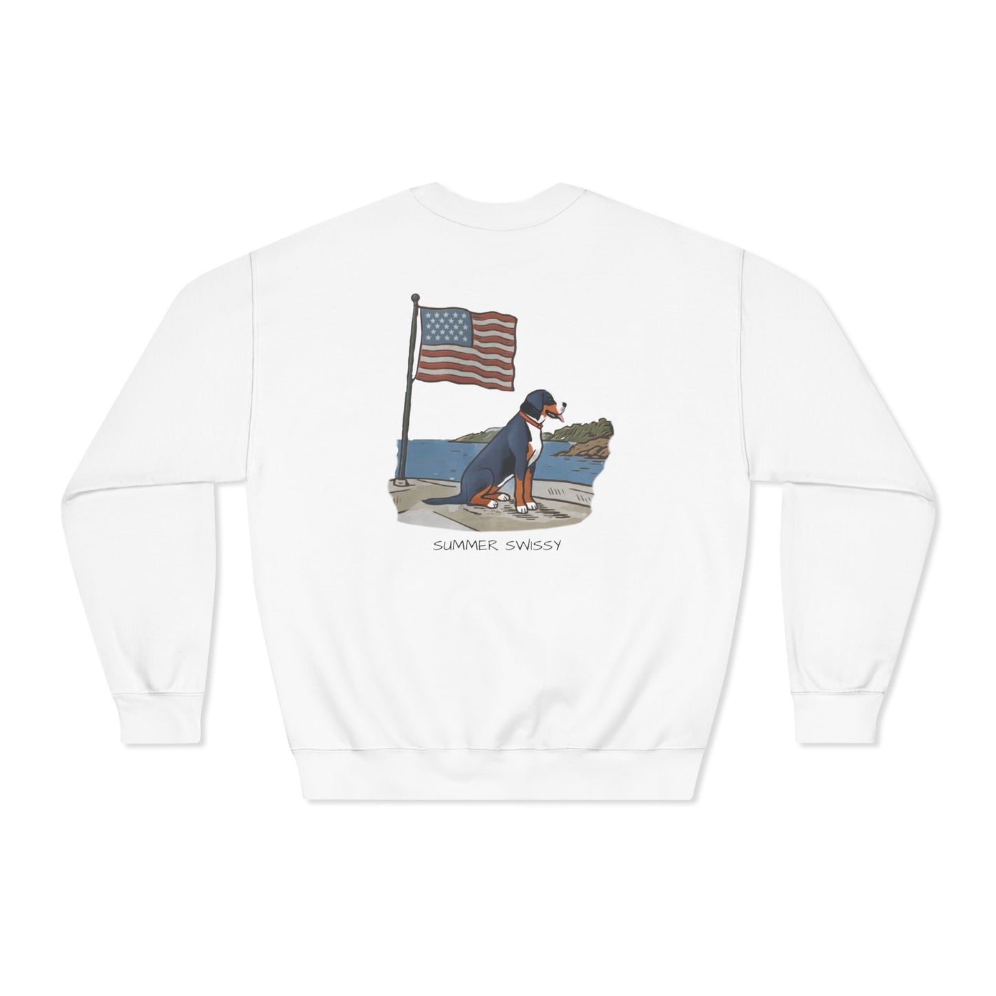 Double Sided "Summer Swissy" version of our 2025 New Summer Swissy Unisex Crewneck Sweatshirt, Greater Swiss Mountain Dog Patriotic Flag Shirt, Cartoon Swissy Character