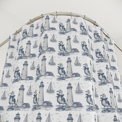 Summer Seagull & Lighthouse Sketched Line Art Shower Curtain