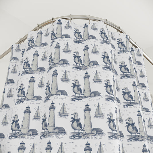 Summer Seagull & Lighthouse Sketched Line Art Shower Curtain