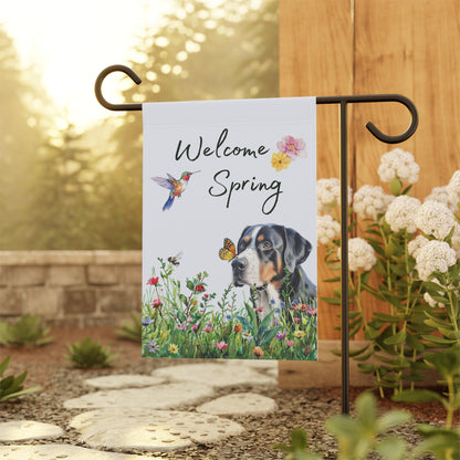 Greater Swiss Mountain Dog Garden Flag, Welcome Spring Floral Swissy Garden Flag, Watercolor Dog Flag, Double Sided