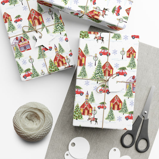 Wrapping Paper, Watercolor Hand Drawn Christmas Village, Merry Christmas Gift Wrap, Vintage Design, Moose, Red Truck, Church, Holiday Gift