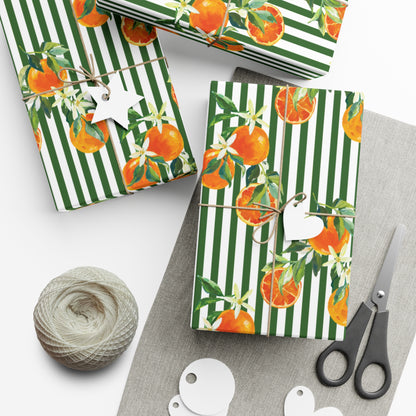 Summer Green Stripe Orange Citrus Wrapping Paper