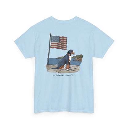 Double Sided Version w/ text "Summer Swissy" Version of our 2025 New Summer Swissy Unisex Tshirt, Greater Swiss Mountain Dog Patriotic Flag Shirt, Cartoon Swissy Character