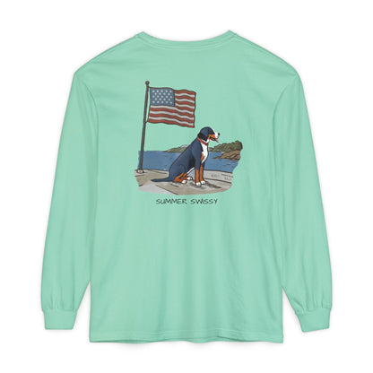 2025 New Summer Swissy Unisex *Long Sleeve* With Text "Summer Swissy" Comfort Colors Brand Shirt, Greater Swiss Mountain Dog Flag Shirt, Cartoon Swissy Character