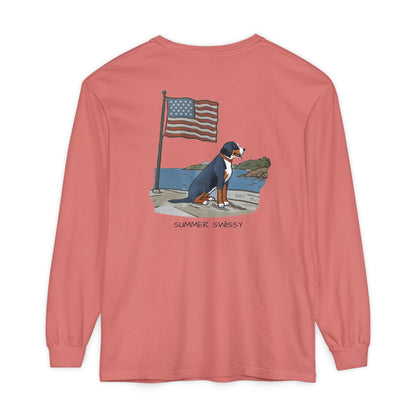 2025 New Summer Swissy Unisex *Long Sleeve* With Text "Summer Swissy" Comfort Colors Brand Shirt, Greater Swiss Mountain Dog Flag Shirt, Cartoon Swissy Character