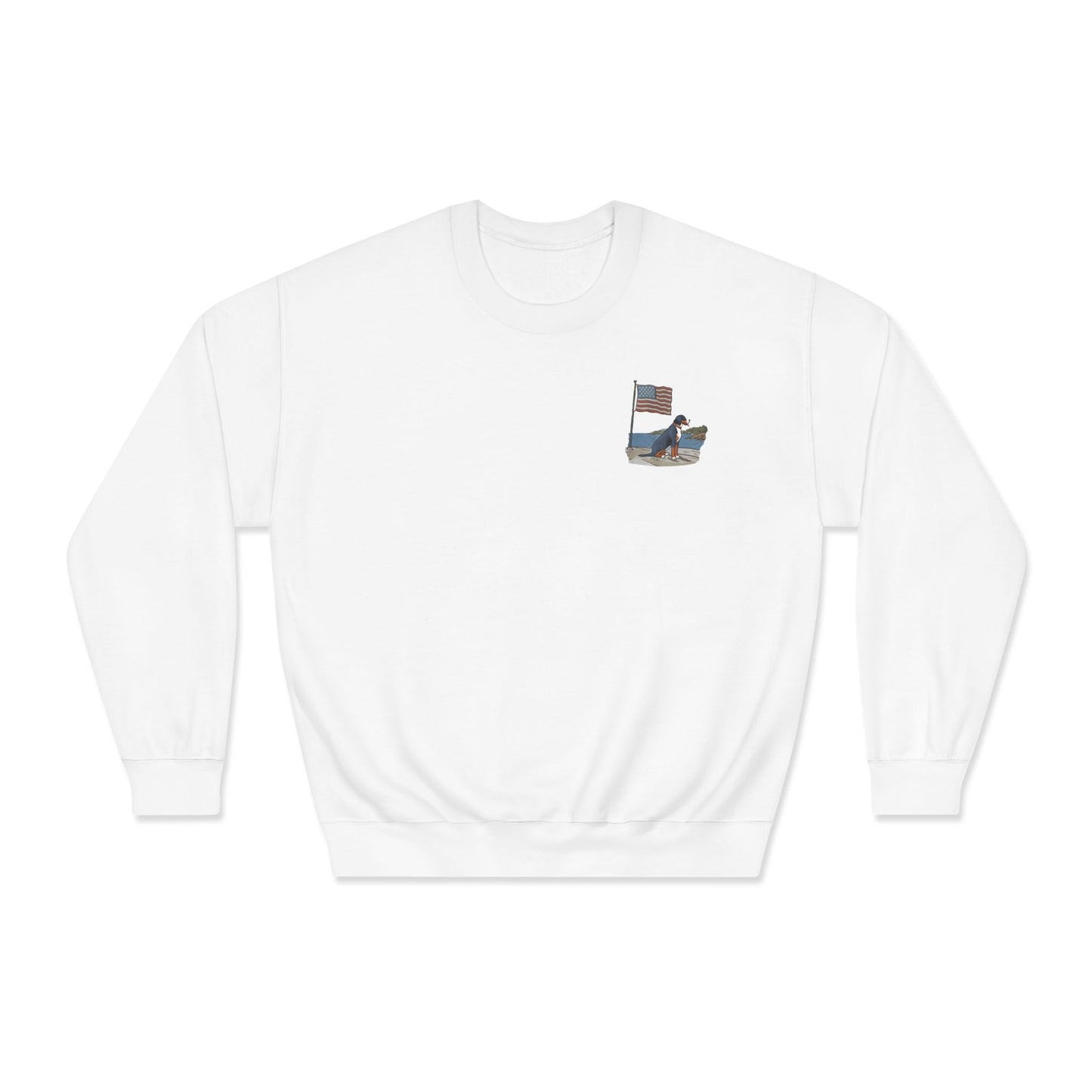 Double Sided "Summer Swissy" version of our 2025 New Summer Swissy Unisex Crewneck Sweatshirt, Greater Swiss Mountain Dog Patriotic Flag Shirt, Cartoon Swissy Character