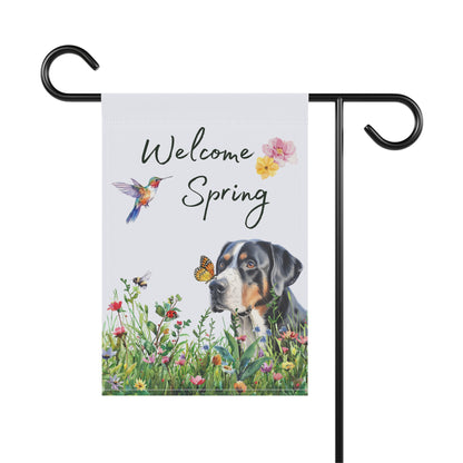 Greater Swiss Mountain Dog Garden Flag, Welcome Spring Floral Swissy Garden Flag, Watercolor Dog Flag, Double Sided