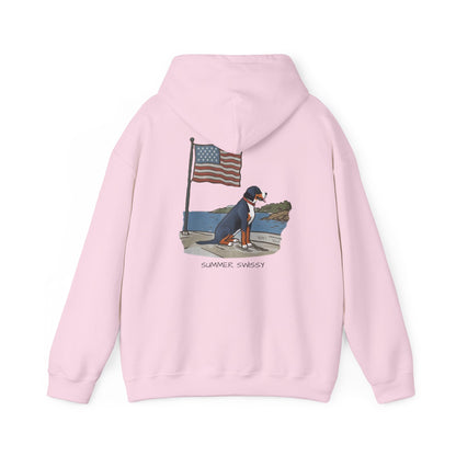 Double Graphic, "Summer Swissy" version of our 2025 New Summer Swissy Unisex Hooded Sweatshirt, Swissy Summer Hoodie, Greater Swiss Mountain Dog, Cartoon Swissy Character