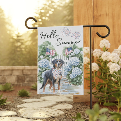 Greater Swiss Mountain Dog Garden Flag, Hello Summer Swissy Garden Flag, Watercolor Hand drawn Dog Flag, Double Sided