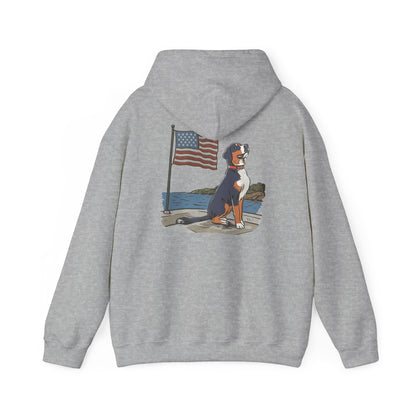 Double Graphic version of our 2025 New Summer Swissy Unisex Hooded Sweatshirt, Swissy Summer Hoodie, Greater Swiss Mountain Dog, Cartoon Swissy Character