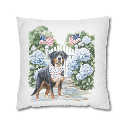 Patriotic Summer Greater Swiss Mountain Dog Pillow Cover, Hand Drawn, Double-Sided Graphics, Swissy, GSMD