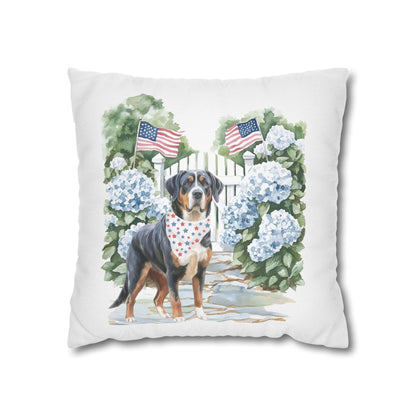 Patriotic Summer Greater Swiss Mountain Dog Pillow Cover, Hand Drawn, Double-Sided Graphics, Swissy, GSMD