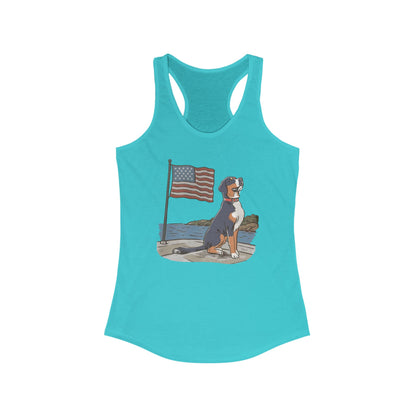 2025 New Summer Swissy Women's Racerback Tank Top, Greater Swiss Mountain Dog Patriotic Flag Shirt, Cartoon Swissy Character