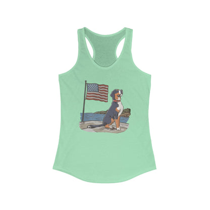 2025 New Summer Swissy Women's Racerback Tank Top, Greater Swiss Mountain Dog Patriotic Flag Shirt, Cartoon Swissy Character