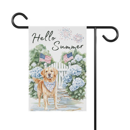 Summer Golden Retriever Garden Flag, Hello Summer Patriotic Garden Flag, Watercolor Dog Flag, Double Sided Garden Flag