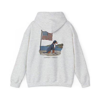 Double Graphic, "Summer Swissy" version of our 2025 New Summer Swissy Unisex Hooded Sweatshirt, Swissy Summer Hoodie, Greater Swiss Mountain Dog, Cartoon Swissy Character