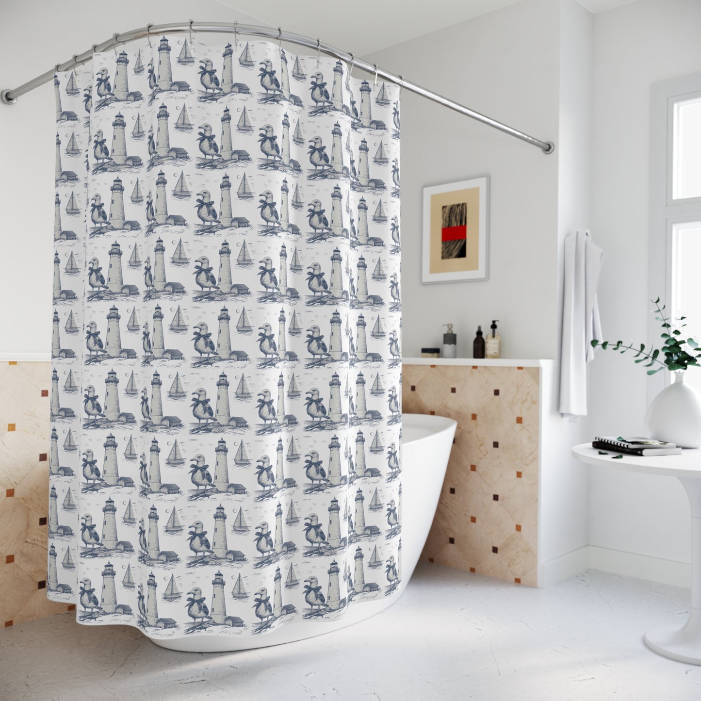 Summer Seagull & Lighthouse Sketched Line Art Shower Curtain